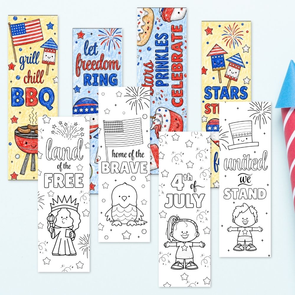 July 4th Coloring Bookmarks on a table