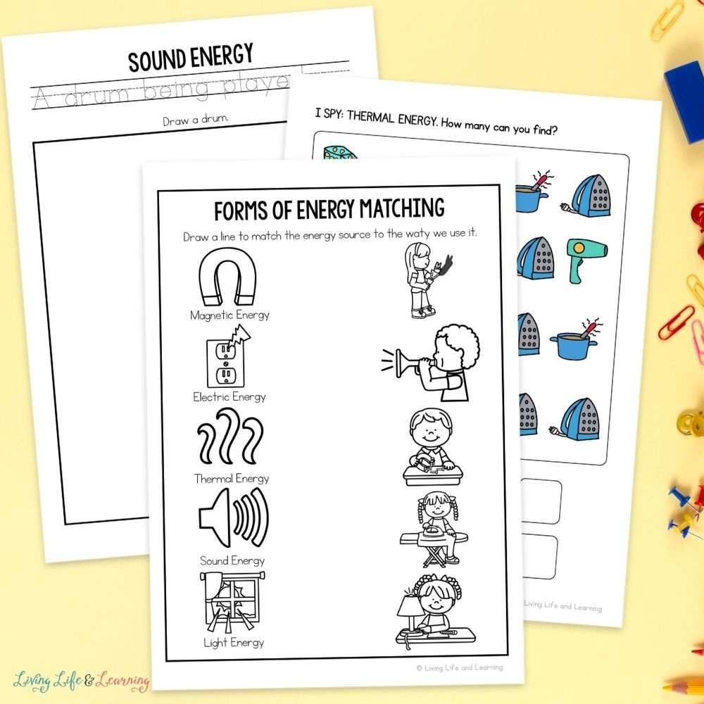 activities included in the Little Learners Activity Pack: Energy pages on a table