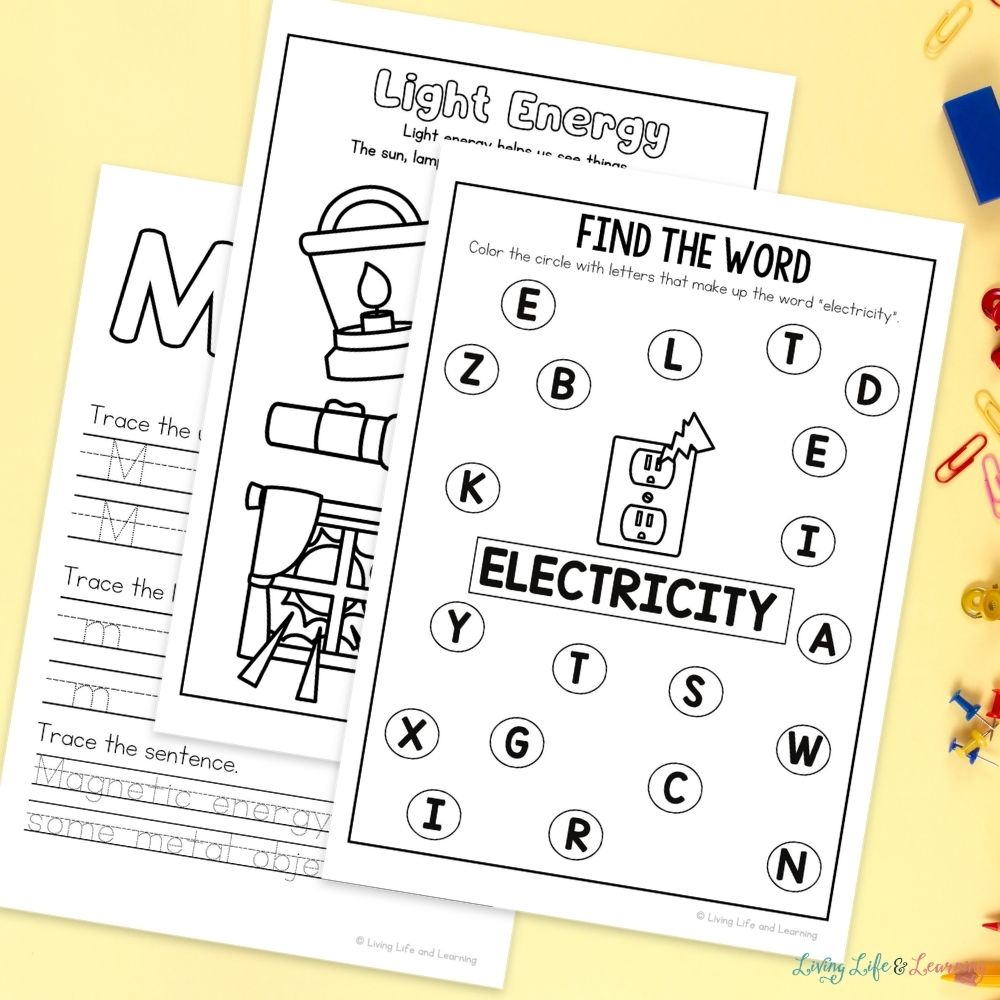 activities included in the Little Learners Activity Pack: Energy pages on a table