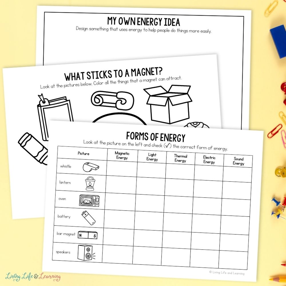 activities included in the Little Learners Activity Pack: Energy pages on a table