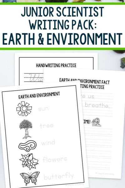 Junior Scientist Writing Pack: Earth & Environment pages on a table