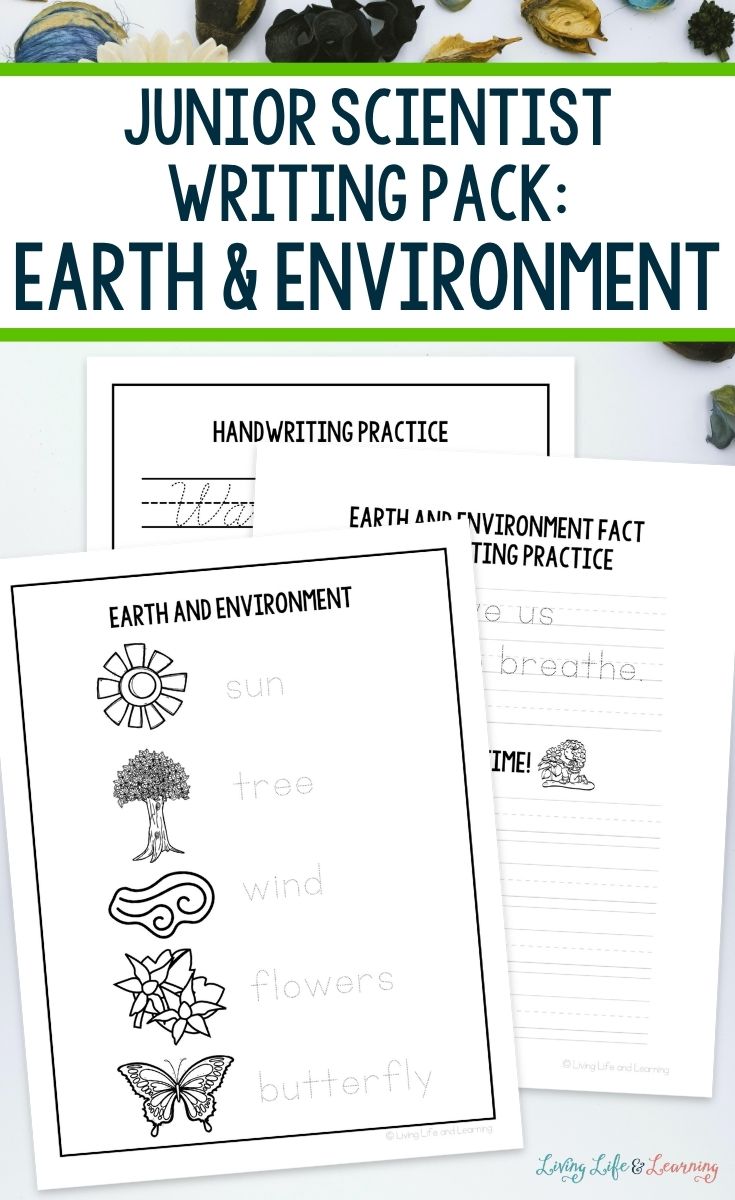 Junior Scientist Writing Pack: Earth & Environment pages on a table