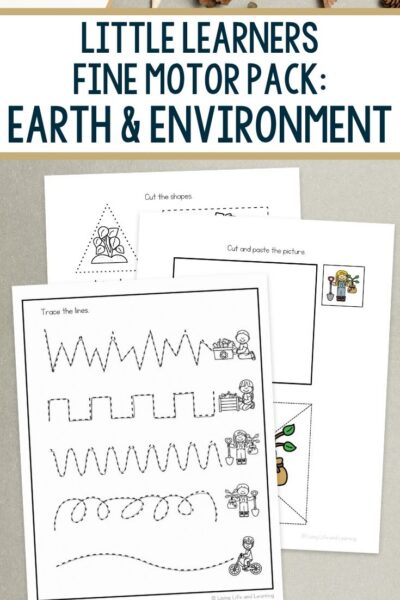 Little Learners Fine Motor Pack: Earth & Environment pages on a table