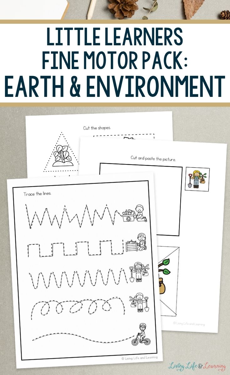 Little Learners Fine Motor Pack: Earth & Environment pages on a table