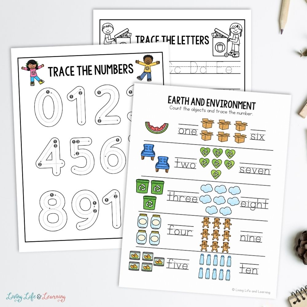 Little Learners Writing Pack: Earth & Environment pages on a table