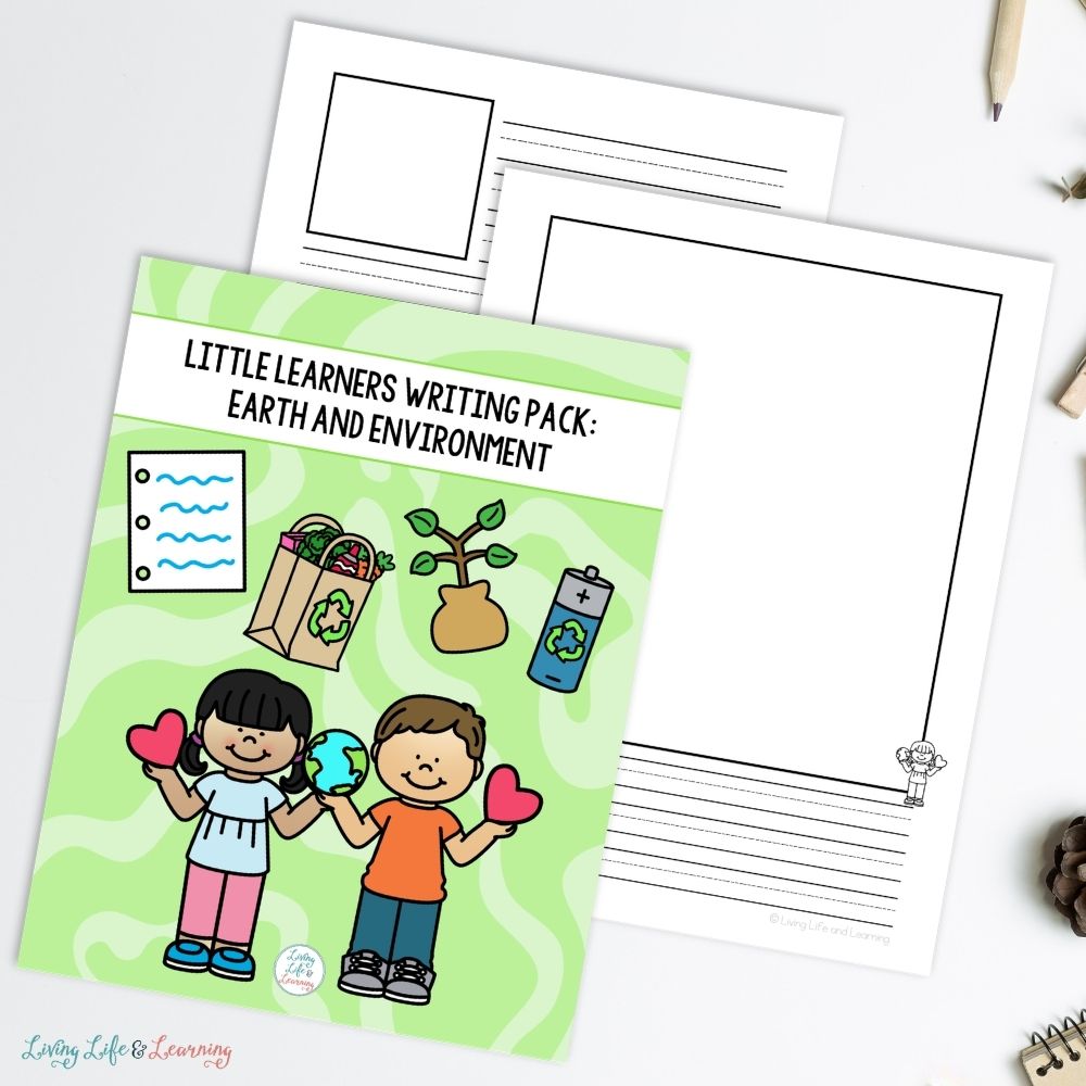Little Learners Writing Pack: Earth & Environment pages on a table