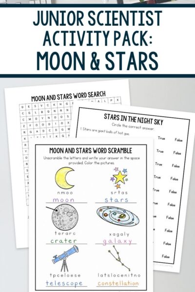 three pages of Junior Scientist Activity Pack: Moon & Stars