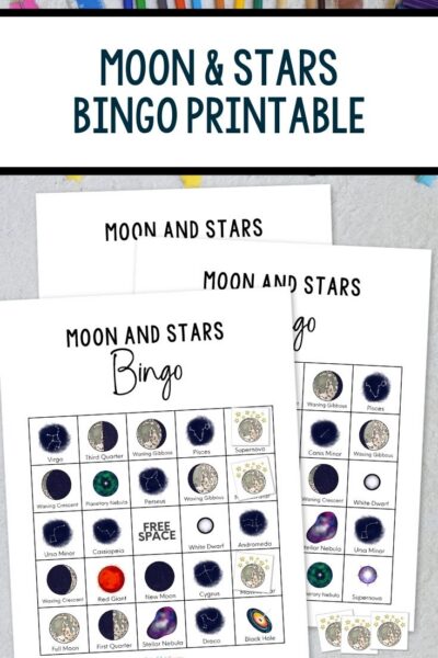 Moon & Stars Bingo Printable game on a table