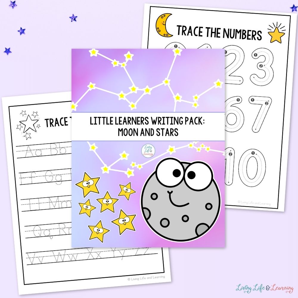 activities included in the Little Learners Writing Pack: Moon & Stars