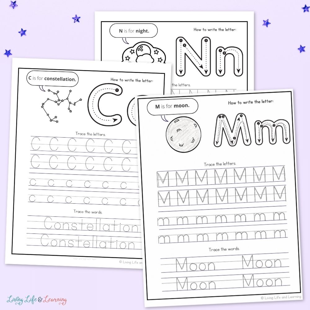 activities included in the Little Learners Writing Pack: Moon & Stars