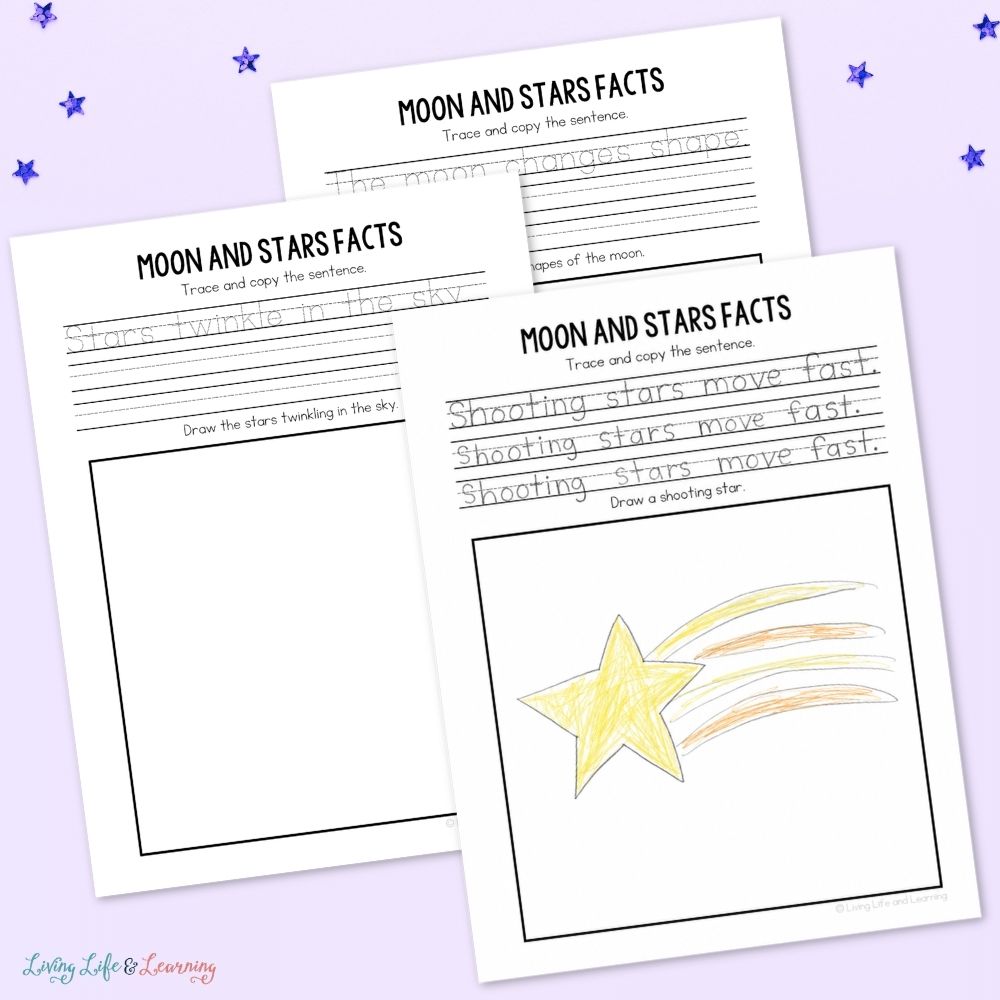 activities included in the Little Learners Writing Pack: Moon & Stars