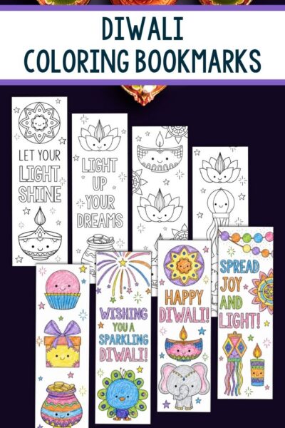 Diwali Coloring Bookmarks on a table